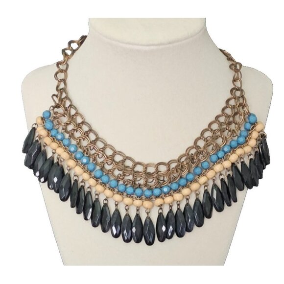 Bib Statement Necklace Gold Tone Turquoise Black Beige Beads Boho Retro 17" - Picture 1 of 4